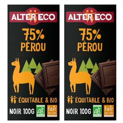 Alter Eco - Commerce Equitable Chocolat noir 75% Cacao Bio du Pérou, Lot de 2x100g