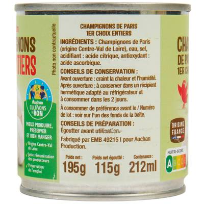 3596710394524 - Auchan - Champignons de Paris entiers 1er choix