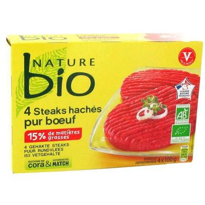 3257982138024 - Nature Bio - 4 Steaks hachés Bio pur boeuf 15% Mg 4x100g