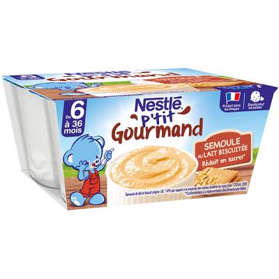Nestlé - P'tit Gourmand Dessert Lacté Semoule au lait biscuitée Coupelle Bébé Dès 6 mois, 4x100g