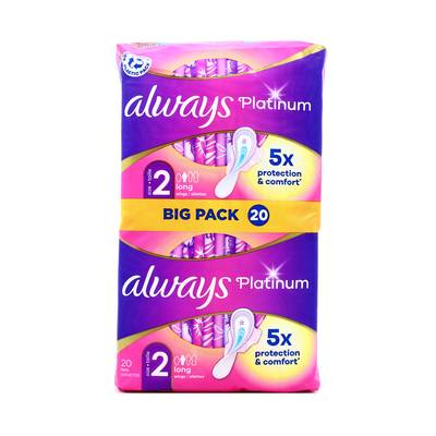 Always Serviette Hygiénique Avec Ailettes Platinium Long Taille 2, 20 pièces