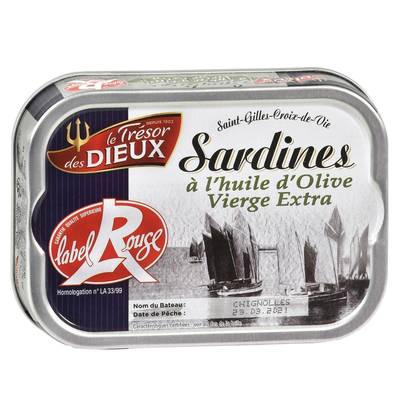 Trésor des Dieux Sardines à l'Huile d'Olive Vierge Extra Label Rouge, 115g