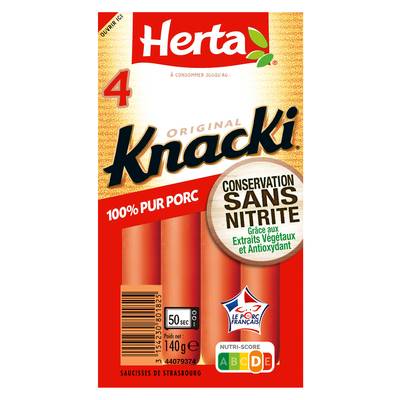 Herta Knacki Original 100 % Pur Porc Conservation Sans Nitrites, 4 saucisses - 140g