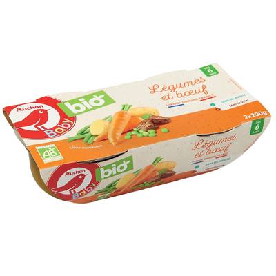 Auchan Baby Bio Légumes et boeuf Bio Bol Bébé dès 6 mois, 2x200g