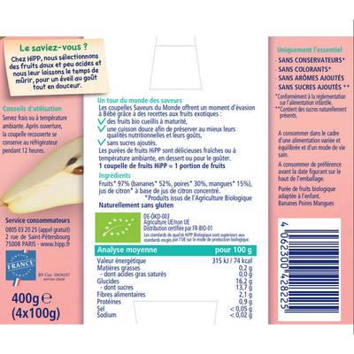 4062300428225 - Hipp - Saveurs du Monde - Banane Poire Mangue Bio Coupelle Bébé 6 mois