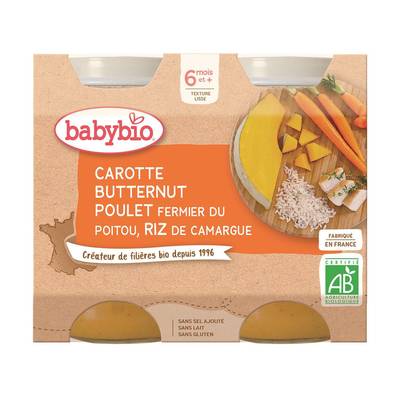 Babybio Carotte, Butternut, Poulet Fermier et Riz de Camargue Bio Pot Bébé Dès 6 mois, 2x200g