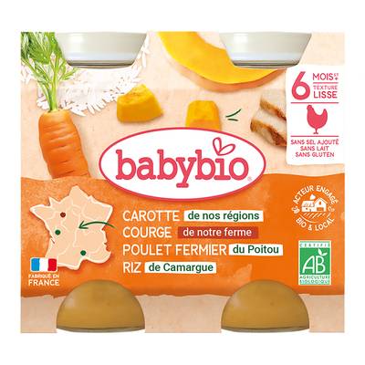 Babybio Carotte, Butternut, Poulet Fermier et Riz de Camargue Bio Pot Bébé Dès 6 mois, 2x200g