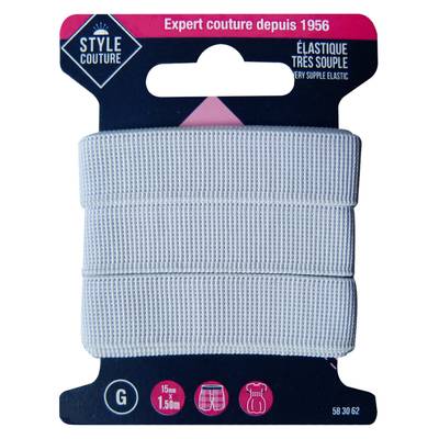 Style couture Elastique très souple Blanc 15mmx1m5