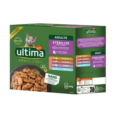 Affinity - Ultima Sachets en sauce Fit & Delicious Poulet, Saumon, Dinde, Truite pour chat adulte stérilisé, 8x85g