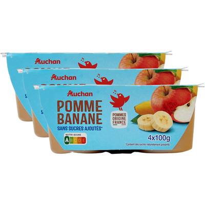 Auchan Coupelles compote de pomme banane sans sucres ajoutés, Lot de 3 - 4x100g