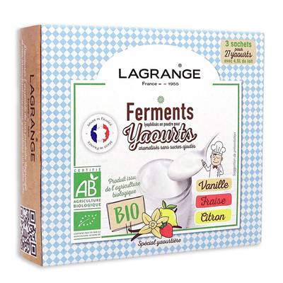 Lagrange Ferments bio aromatisés pour yaourt vanille/fraise/citron, 3 sachets de 12g