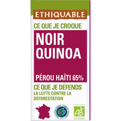 Ethiquable - Commerce Equitable Chocolat Noir Quinoa 65% Cacao Bio du Perou ou d'Equateur ou Haïti, 100g