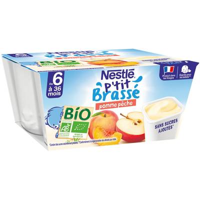 Nestlé - P'tit Brassé Dessert Lacté Pomme Pêche Bio Coupelle Bébé Dès 6 mois, 4x90g