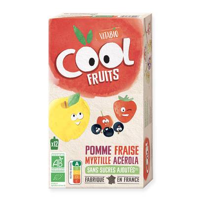 Vitabio - Cool Fruits Pomme de Provence, Fraise, Myrtille, Acérola Bio - Purée de Fruits en gourde, 12x90g