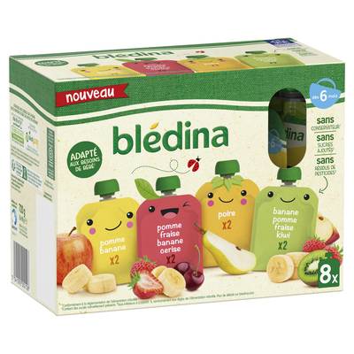 Blédina Multipack - Poire, Cerise, Kiwi, Banane, Poire, Fraise Gourdes, 8x90g