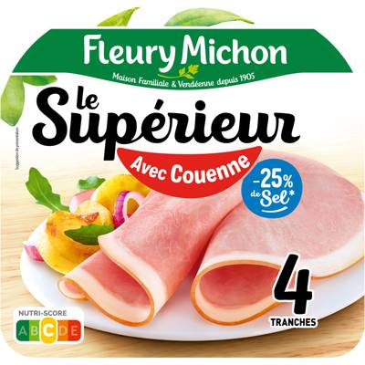 Fleury Michon Jambon Supérieure avec Couenne, Taux de Sel Réduit - 25%*, 4 tranches - 160g