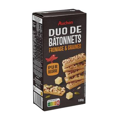 Auchan Mmm! Duo de Bâtonnets Apéritifs Fromage et Graines, 100g