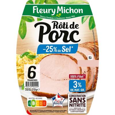 Fleury Michon Rôti de Porc Cuit,  Taux de Sel Réduit -25%*, 6 tranches - 210g