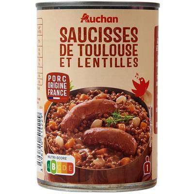Auchan Saucisses de Toulouse et lentilles, 420g