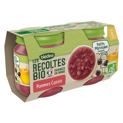 Blédina - Les Récoltes Bio Pommes, Cassis Petits Morceaux Bio Pot Bébé Dès 8 Mois, 2x130g