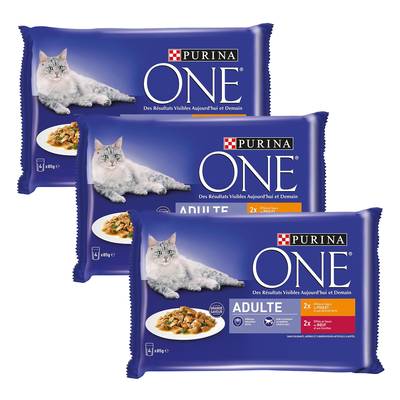 Purina - One Sachets en sauce Effilés Poulet Bœuf pour chat adulte, Lot de 3x4x85g