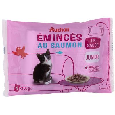 Auchan Sachets Emincés en sauce saumon pour chat junior, 4x100g
