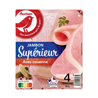 Auchan Jambon Supérieur Avec Couenne, 4 tranches -160g