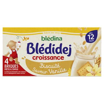 Blédina - Blédi'dej Céréales lactées Biscuitée Saveur Vanille Brique Bébé Dès 12 mois, 4x25cl