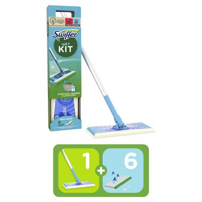 Swiffer Kit Balai deplie + 6 lingettes humides, 7 pièces
