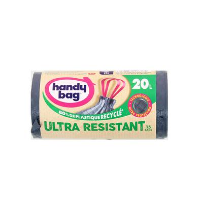 Handy Bag Sacs poubelle 20L avec poignées coulissantes ultra protection, 15 sacs de 20L