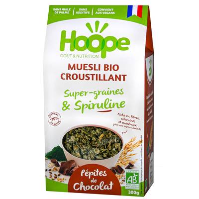 Hoope Muesli Croustillant Super Graines et Spiruline - Pépites de Chocolat Bio, 300g