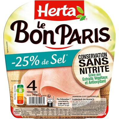 Herta Jambon Le Bon Paris, , Taux de Sel Réduit - 25%* et Conservation Sans Nitrites, 4 tranches - 140g