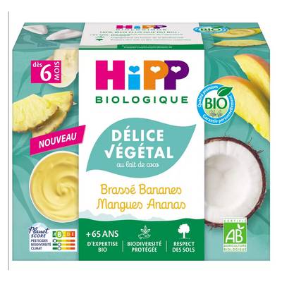 Hipp - Délice Végétal Brassé Végétal Banane, Mangue, Ananas au lait de coco Bio Coupelle Bébé Dès 6 mois, 4x100g