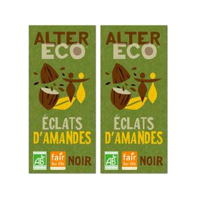 Alter Eco - Commerce Equitable Chocolat noir éclats d'amandes 60% Cacao bio du Pérou, Lot de 2x100g