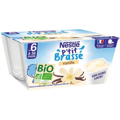 Nestlé - P'tit Brassé Dessert Lacté Vanille Bio Coupelle Bébé Dès 6 mois, 4x90g
