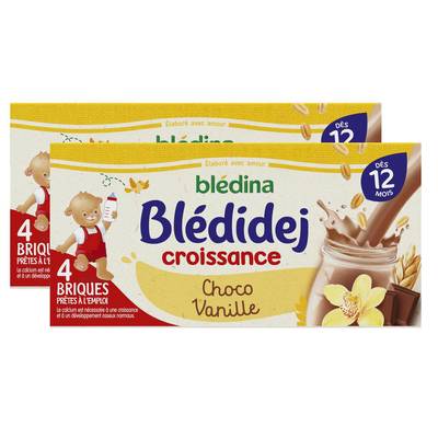 Blédina - Blédi'dej Céréales lactées Choco Vanille Brique Bébé Dès 12 mois, Lot de 2x4x25cl