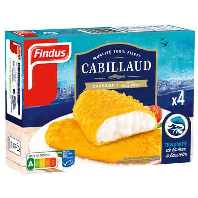 Findus Panés de cabillaud sauvage MSC ferme et croustillant qualité 100% filet, 4x100g