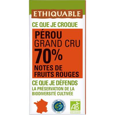 Ethiquable - Commerce Equitable Chocolat Noir 70% cacao Bio du Pérou, 100g