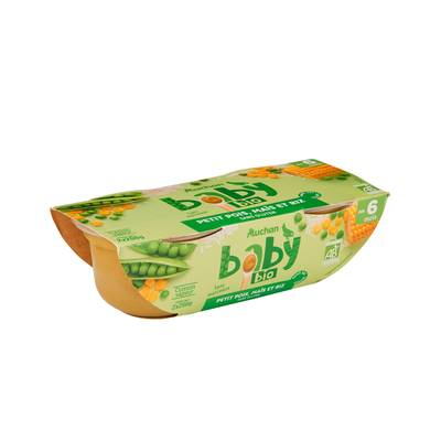 Auchan Baby Bio Petits pois maïs et riz bio Bol Bébé dès 6 mois, 2x200g