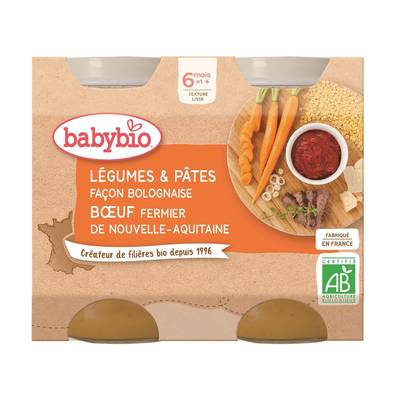 Babybio Légumes, Pâtes Façon Bolognaise au Boeuf Fermier Bio Pot Bébé Dès 6 mois, 2x200g