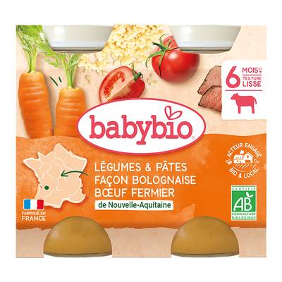 Babybio Légumes, Pâtes Façon Bolognaise au Boeuf Fermier Bio Pot Bébé Dès 6 mois, 2x200g