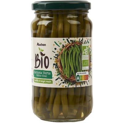 Auchan BIO Haricots verts extras fins Bio cueillis et rangés main en bocal, 180g