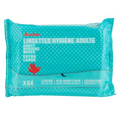 Auchan Lingettes hygiène adulte extra large nettoie rafraîchit & protège à l'aloe vera, 64 lingettes