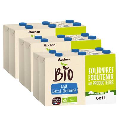 Auchan Solidaires Bio Lait demi-écrémé UHT Bio, Lot de 3 - 6x1L