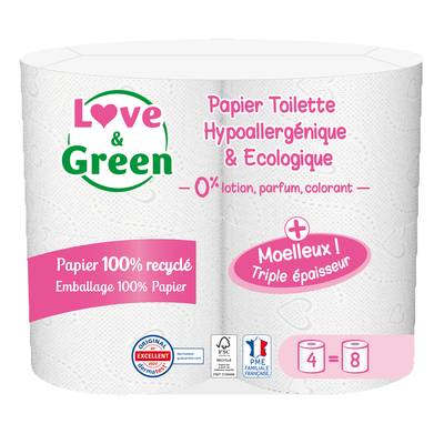 Love & Green Papier Toilette Hypoallergénique, 4 rouleaux papiers toilettes