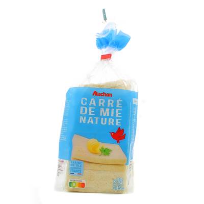 Auchan Pain Carré de Mie Nature Sans Croûte, 16 tranches - 345g