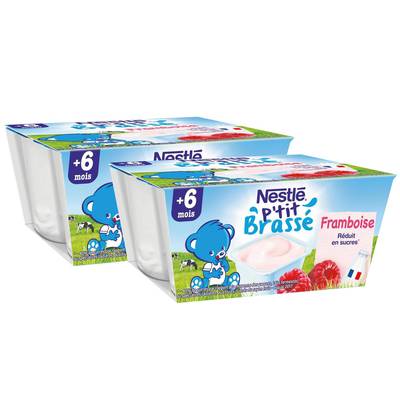 Nestlé - P'tit Brassé Dessert Lacté Framboise Coupelle Bébé Dès 6 mois, Lot de 2x4x100g