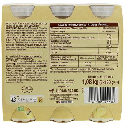 Auchan Yaourt à boire saveur vanille, 6x180g