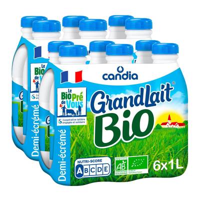 Candia Lait Bio Demi-écrémé, 2 packs de 6x1l