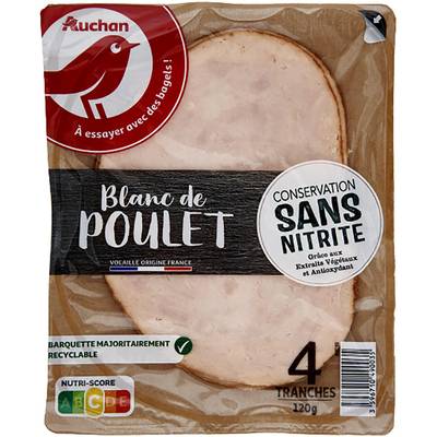Auchan Blanc de Poulet Doré au Four Sans Nitrite, 4 tranches - 120g